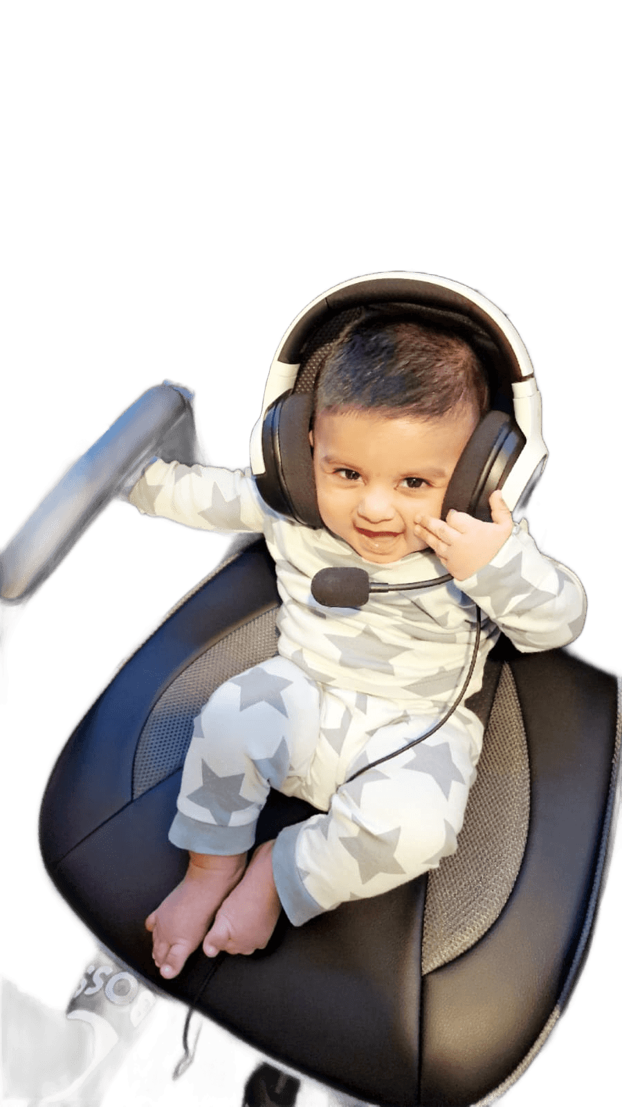 Happy baby with headphones
